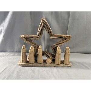 Rustic Handmade Driftwood and Plaster Manger Scene Has Wear 11"x12.25"x2.5"